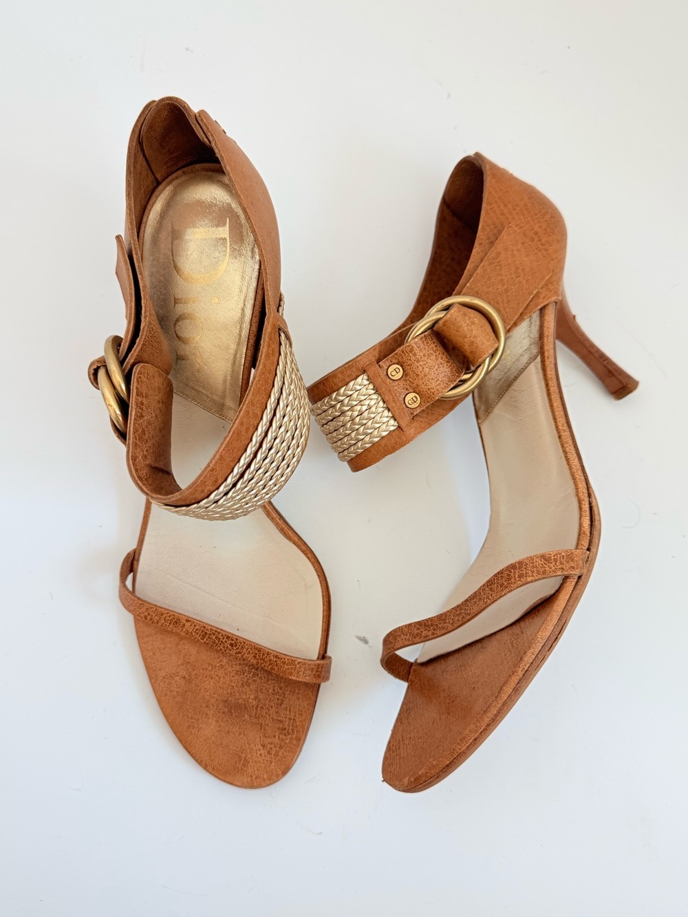 Christian Dior John Galliano Y2K Gold Braided Ankle Cuff Sandals Heels 39